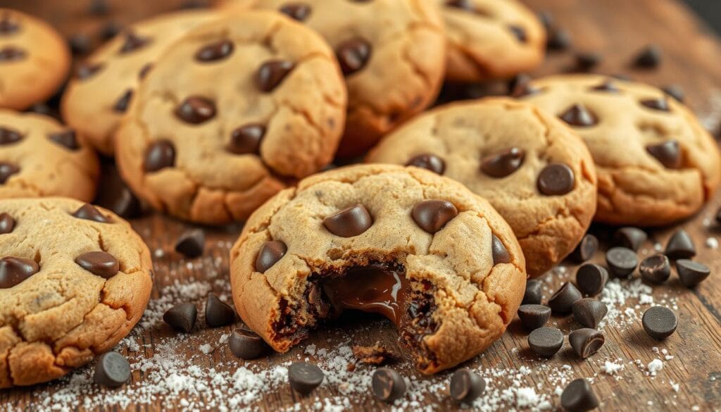 Freshly baked small batch chocolate chip cookies placed on parchment paper, with gooey chocolate chips and a warm, golden-brown texture, perfect for a quick treat.
