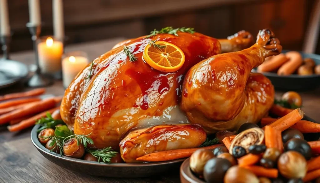 Juicy wild turkey slices served with roasted vegetables and fresh herbs on a rustic wooden table, perfect for a cozy family dinner
