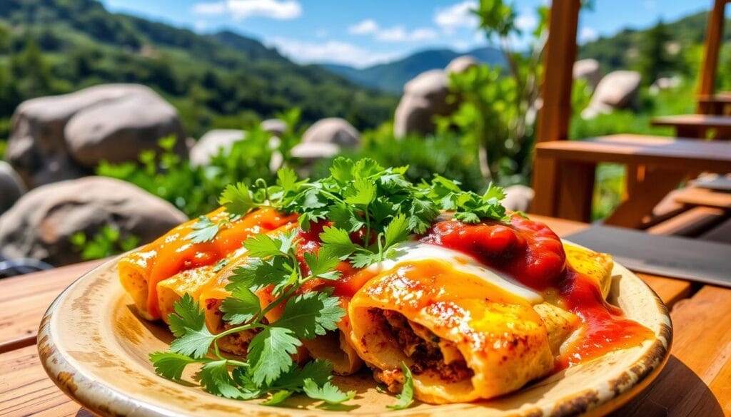 Plate of homemade boulders enchilada recipe, featuring golden tortillas filled with savory ingredients, topped with melted cheese and fresh garnishes, perfect for a delicious and easy-to-make meal.