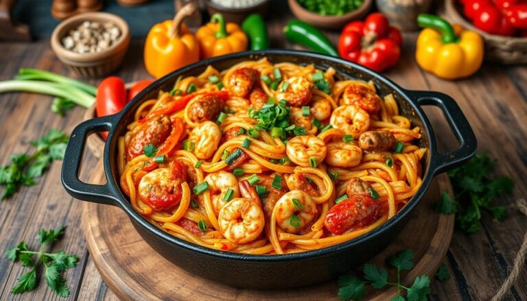 "Authentic Cajun pastalaya recipe served in a rustic skillet, featuring a vibrant mix of sausage, chicken, and vegetables, showcasing the rich flavors of Louisiana cuisine."